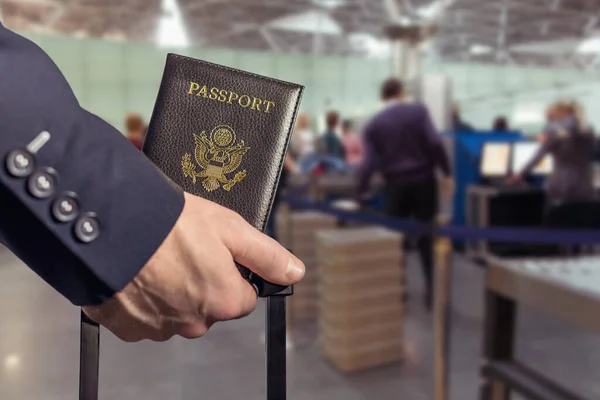 Man Businessman Blue Suit Suitcase Holding American Passport Airport Customs — Stock Photo, Image