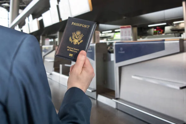 Man Businessman Blue Suit Holding American Passport Airport Check Area — Stock Photo, Image
