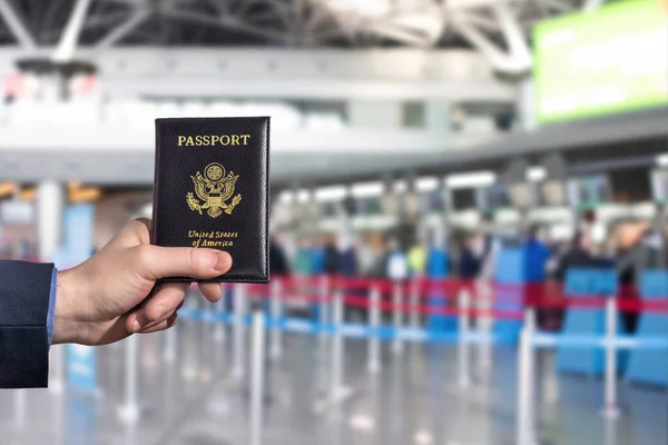 Man Businessman Blue Suit Holding American Passport Airport Check Area — Stock Photo, Image