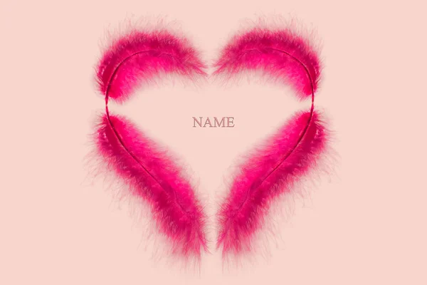 Pinkfarbene Federn Form Eines Valentinsherzes Mit Wortnamen Innen Auf Rosafarbenem — Stockfoto