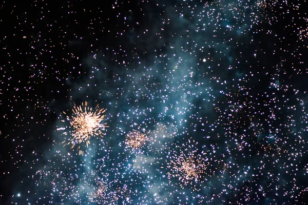 Celebratory Colorful Fireworks Light Night Sky Closeup New Year — ストック写真