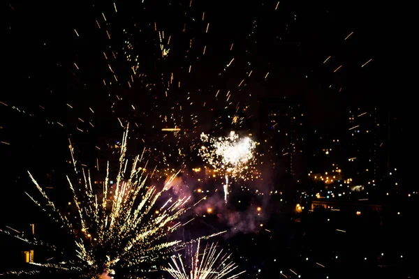 Celebratory Colorful Fireworks Light Night Sky Closeup New Year — ストック写真