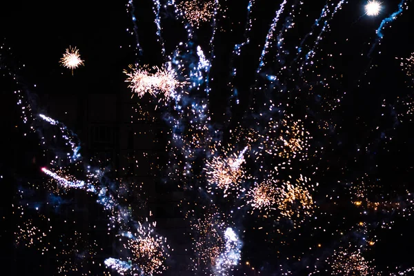 Celebratory Colorful Fireworks Light Night Sky Closeup New Year — ストック写真