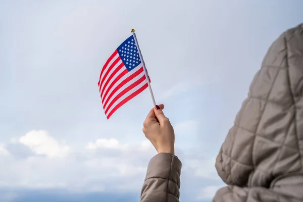 Woman Jacket Hood American Swaying Flag Sunset Sky Concept Back — Stock Photo, Image