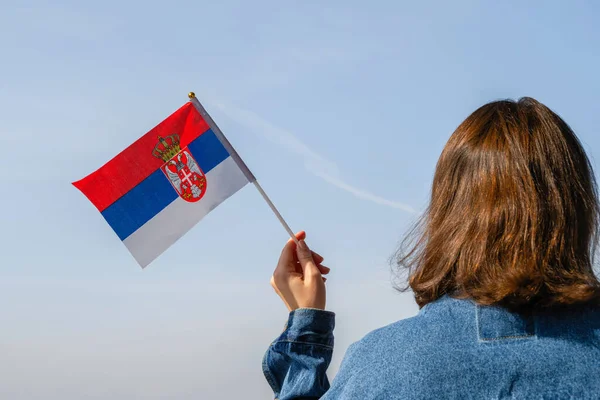 Woman Hand Serbian Swaying Flag Blue Sky Serbia Concept — Stock Photo, Image