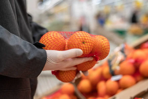 Man Courier Protective Rubber Gloves Choosing Fruit Online Shopper Grocery — Stock Photo, Image