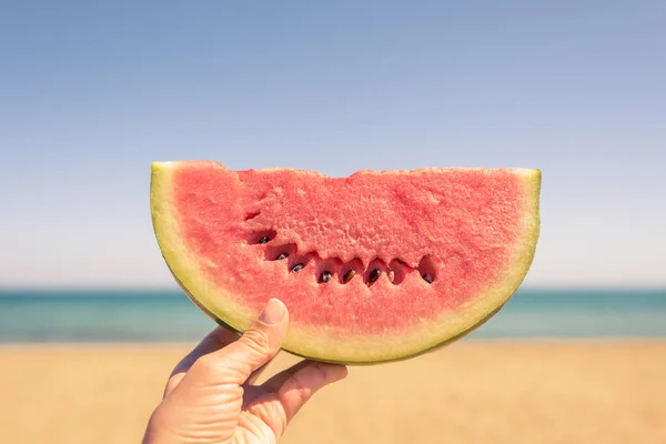 Bitten Ripe Piece Watermelon Woman Hands Beach Hot Summer Day — Stock Photo, Image