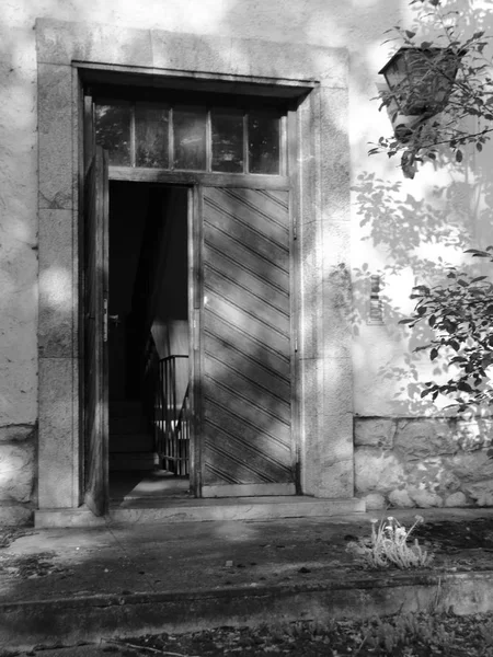 Puerta delantera de madera abierta en Abandon House con hierba silvestre — Foto de Stock