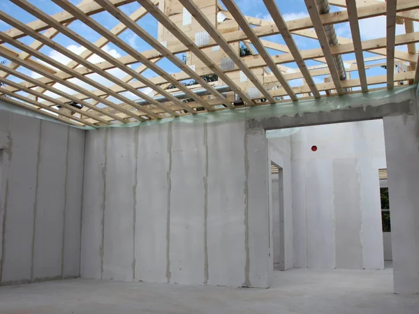 Inside New Constructed House with Roof Rafter — Stock Photo, Image