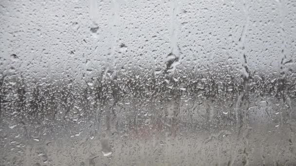 Regn Droppar Över Fönstret Vattenstrålar Rinner Ner Glaset Höst — Stockvideo