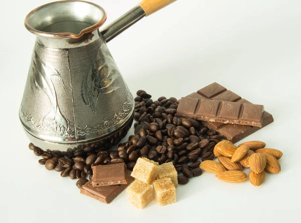 Cup Coffee Coffee Beans Nuts Chocolate Spices — Stock Photo, Image