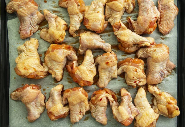 Alitas Pollo Crudas Con Salsa Soja — Foto de Stock