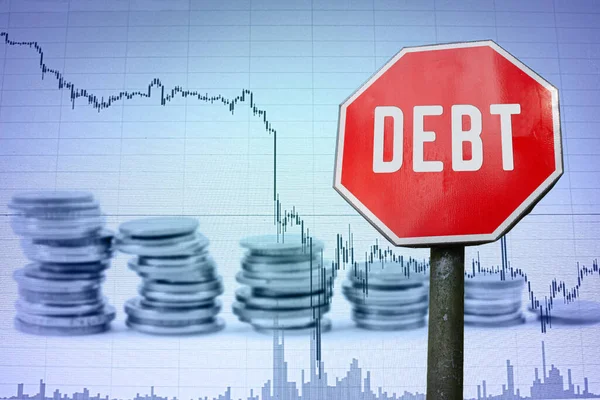 Sinal Dívida Fundo Economia Gráfico Moedas Conceito Empresarial Económico — Fotografia de Stock