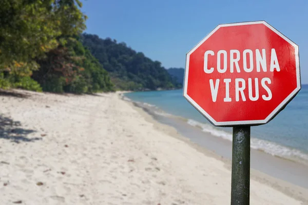 Red corona virus, Covid 19 sign on beach background. Closed facilities because of corona virus. COVID-19 pandemic quarantine.