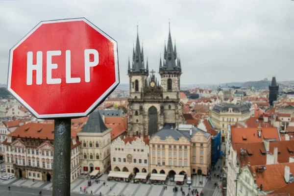 Ajude Parar Assinar Com Vista Para Praga República Checa Ajuda — Fotografia de Stock