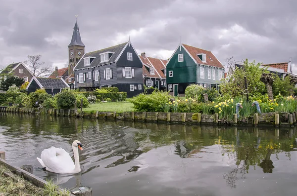 Casas Tradicionales Pesca Madera Canal Cisne Marken Países Bajos Vista — Foto de Stock