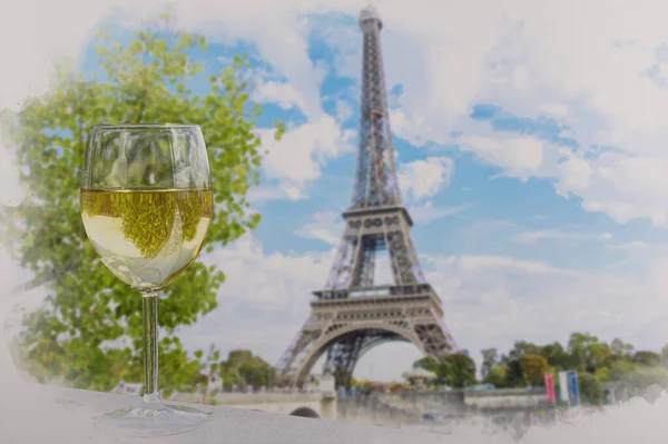 Watercolor Effect View Glass White Wine Eiffel Tower View Paris — Stock Photo, Image