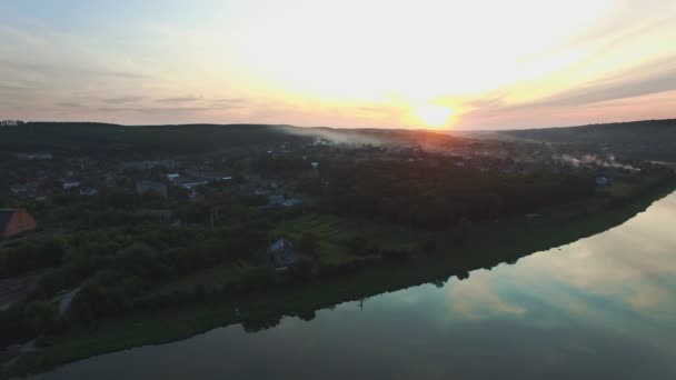 Cool Shot Small Town Hidden Greenery Houses Surrounded Fog Sunset — Stock Video
