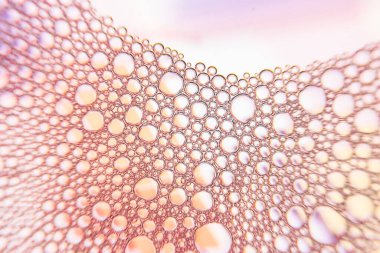 Renkli baloncukları yeşil, sarı, kırmızı arka planda kapatın. Su yüzeyindeki sabun köpüklerinin yansıması inanılmaz efekt renkleriyle ekranda