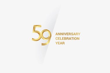 Lüks altın 59 yıldönümü, minimalist logo. Jübile, tebrik kartı. Doğum günü davetiyesi. 59 yıl tabelası. Beyaz gri - Vektör üzerindeki altın uzay çizimi