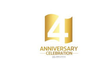 4. yıldönümü, minimalist logo yılları, jübile, tebrik kartı. Doğum günü daveti. Beyaz arkaplandaki Bayrak Altın Alan vektör çizelgesini imzala - Vektör