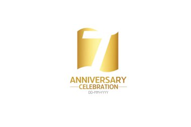 7. yıldönümü, minimalist logo yılları, jübile, tebrik kartı. Doğum günü daveti. Beyaz arkaplandaki Bayrak Altın Alan vektör çizelgesini imzala - Vektör