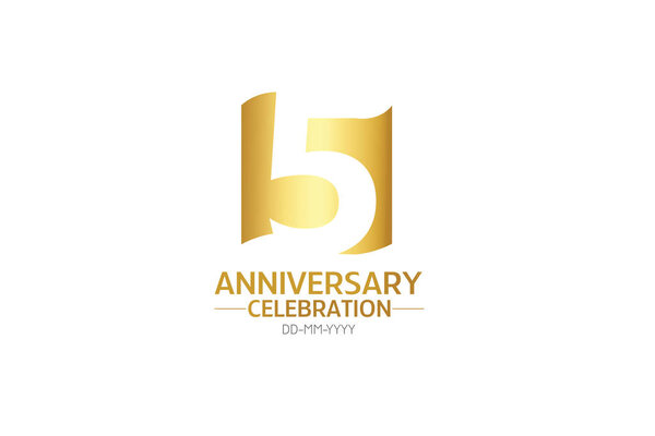 5 лет, минималистский логотип лет, юбилей, поздравительная открытка. Приглашение на день рождения. Векторная иллюстрация с золотым флагом на белом фоне - вектор
