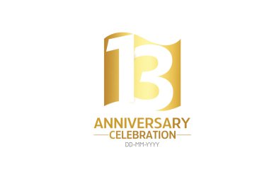 13. yıldönümü, minimalist logo yılları, 13. yıldönümü, tebrik kartı. Doğum günü davetiyesi. 13 yıl tabelası. Beyaz arkaplanda altın uzay vektörü illüstrasyonu - Vektör