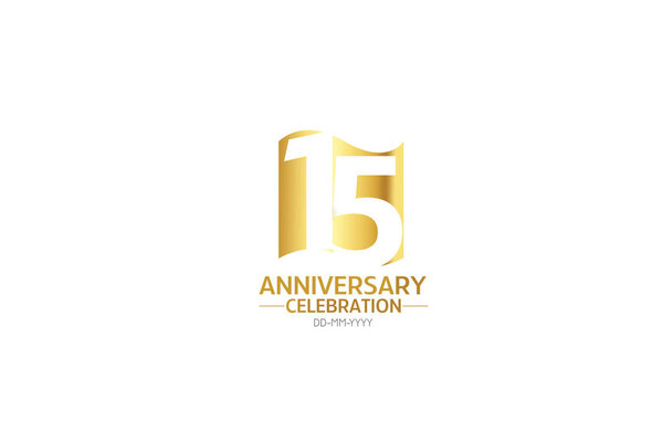 15 year anniversary, minimalist logo years, 15th jubilee, greeting card. Birthday invitation. 15 year sign. Gold space vector illustration on white background - Vector