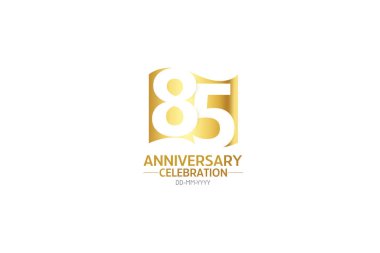 85 yıl dönümü, minimalist logo yılları, jübile, tebrik kartı. Doğum günü daveti. Beyaz arkaplandaki Bayrak Altın Alan vektör çizelgesini imzala - Vektör