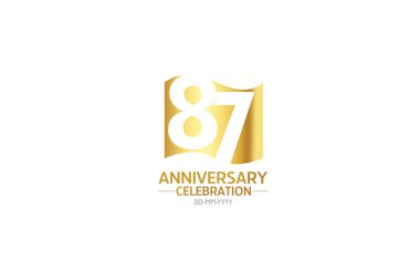 87 yıl dönümü, minimalist logo yılları, yıldönümü, tebrik kartı. Doğum günü daveti. Beyaz arkaplandaki Bayrak Altın Alan vektör çizelgesini imzala - Vektör