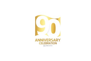 90 'ıncı yıldönümü, minimalist logo yılları, jübile, tebrik kartı. Doğum günü daveti. Beyaz arkaplandaki Bayrak Altın Alan vektör çizelgesini imzala - Vektör