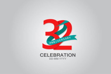 32 'nci yıl dönümü mavi kurdele kutlama logosu. Siyah arkaplanda izole edilmiş kırmızı metin ve kıvılcım beyaz renk ile yıldönümü logosu, kutlama için vektör tasarımı, davet vektörü