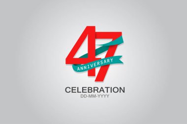 47 'nci yıl dönümü mavi kurdele kutlama logosu. Siyah arkaplanda izole edilmiş kırmızı metin ve kıvılcım beyaz renk ile yıldönümü logosu, kutlama için vektör tasarımı, davet vektörü