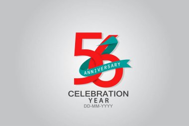 56 'ncı yıl dönümü mavi kurdele kutlama logosu. Siyah arkaplanda izole edilmiş kırmızı metin ve kıvılcım beyaz renk ile yıldönümü logosu, kutlama için vektör tasarımı, davet vektörü
