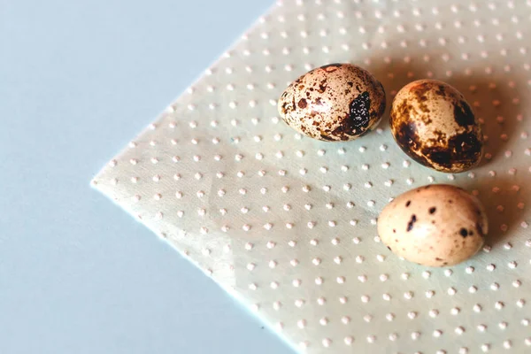 Bıldırcın yumurtaları mavi bir arkaplanda kağıt peçetenin üzerinde yatar..