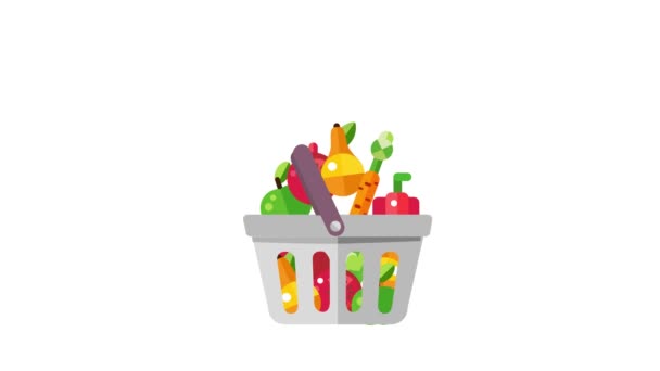 Warenkorb gefüllt mit Obst und Gemüse. Transparente 2D-Animation — Stockvideo