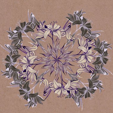 Zambaklı Mandala. Çelenk. Beyaz zambak beyaz arka planda izole edilmiş. Üzerinde çiçek açan bir zambak olan kart. resimleme