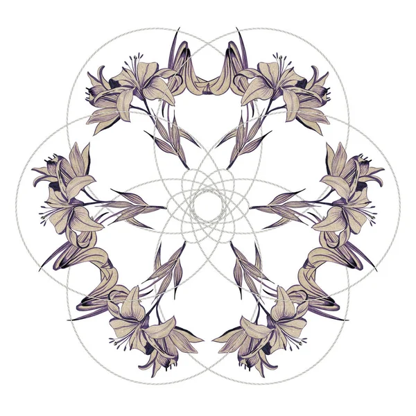 Mandala Mit Lilie Kranz Weiße Lilie Isoliert Auf Weißem Hintergrund — Stockfoto
