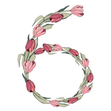 6 numarayı oluşturan çiçek sembolleri. Çiçek aranjmanı beyaz bir arkaplanda izole edilmiş. Bahar çiçekleri, laleler ve yeşil yapraklar şeklinde dokuma işi. Paketler, kartpostallar, tekstil, posterler, reklamlar, giysiler için..