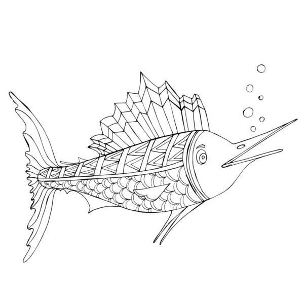 Draw Vector Illustration Sea Animals Coloring Game Marlin Fish Children — Stock Vector