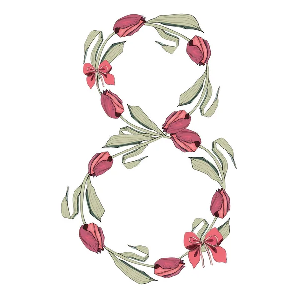 8番を形成する花シンボル 白い背景に孤立した花序 春の花 チューリップ 緑の葉の列の形で織られた透かし彫り パッケージ ポストカード ポスター 服のための — ストックベクタ