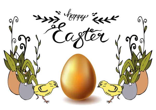 Happy Easter Banner Cute Chickens Grass Lilies Valley Cartoon Style — Stock Vector