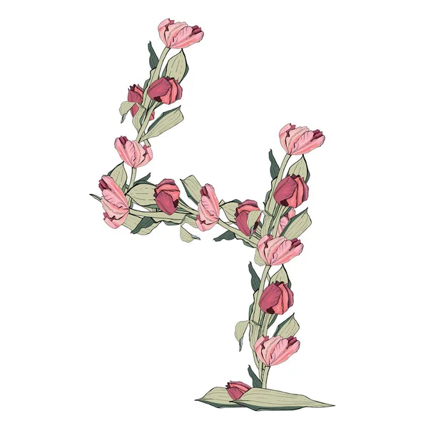 4番を形成する花シンボル 白い背景に孤立した花序 春の花 チューリップ 緑の葉の列の形で織られた透かし彫り パッケージ ポストカード ポスター 服のための — ストックベクタ