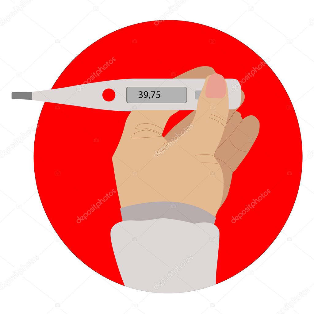 Hand holding digital thermometer. Person with thermometer and high temperature. Person suffer from flu or cold. illustration. Virus in China.  Flat vector stock illustration. Pneumonia Stop.