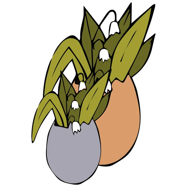 Illustrazione Vettoriale Uova Pasqua Con Gigli Della Valle Foglie Verdi — Vettoriale Stock