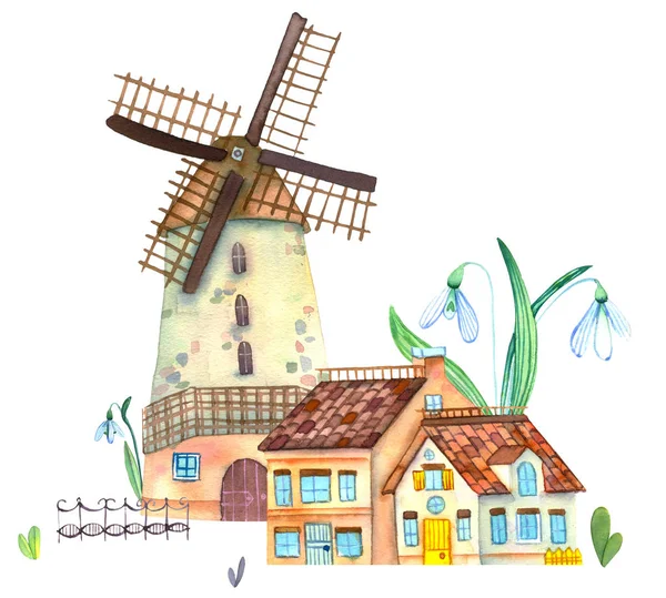 Watercolor house with a mill and a fence. With snowdrops and tul