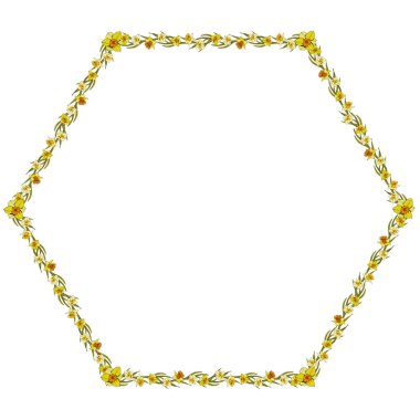 Yeşil yapraklı nergisler, çerçeve. Ürün etiketi için iyi. Yazmak için yer var. Vektör çizimi Art Nouveau, eski, eski, eski. Beyaz arkaplanda ayrıl.