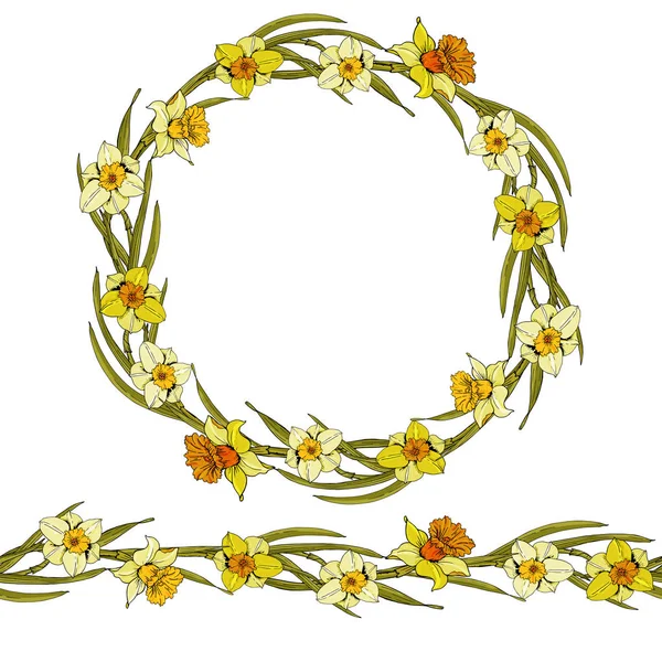 Cepillos de narcisos estampados vectoriales. Corona de flores . — Vector de stock