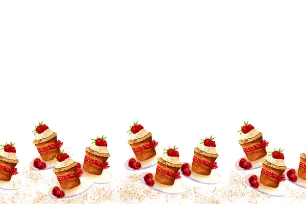 Рамка Безладом Тексту Акварельна Ілюстрація Торта Солодкий Десерт Ягодами Вершками — стокове фото